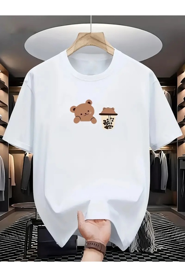 Unisex White Coffee and Teddy Bear Printed Oversize Cotton Summer Breathable Casual Stylish T-Shirt