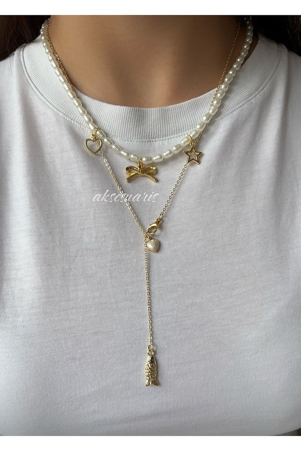 2'li İnci Charm Dekolte Kolye Set - 2
