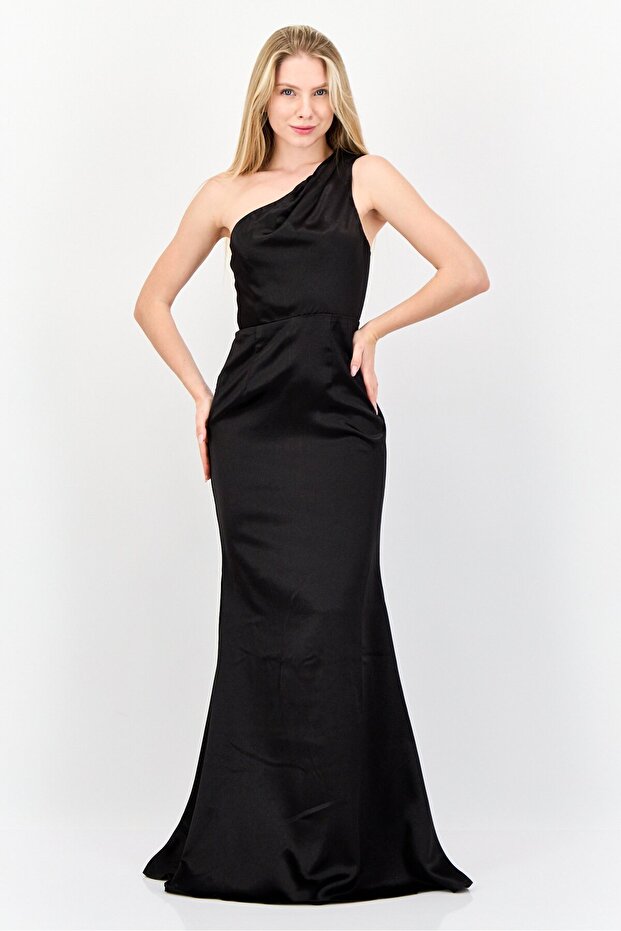 Women Solid Satin Maxi Dress, Black