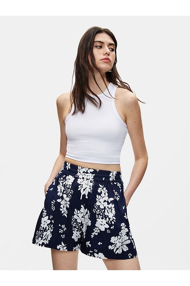 Çiçekli Mini Poplin Lacivert Şort - 6