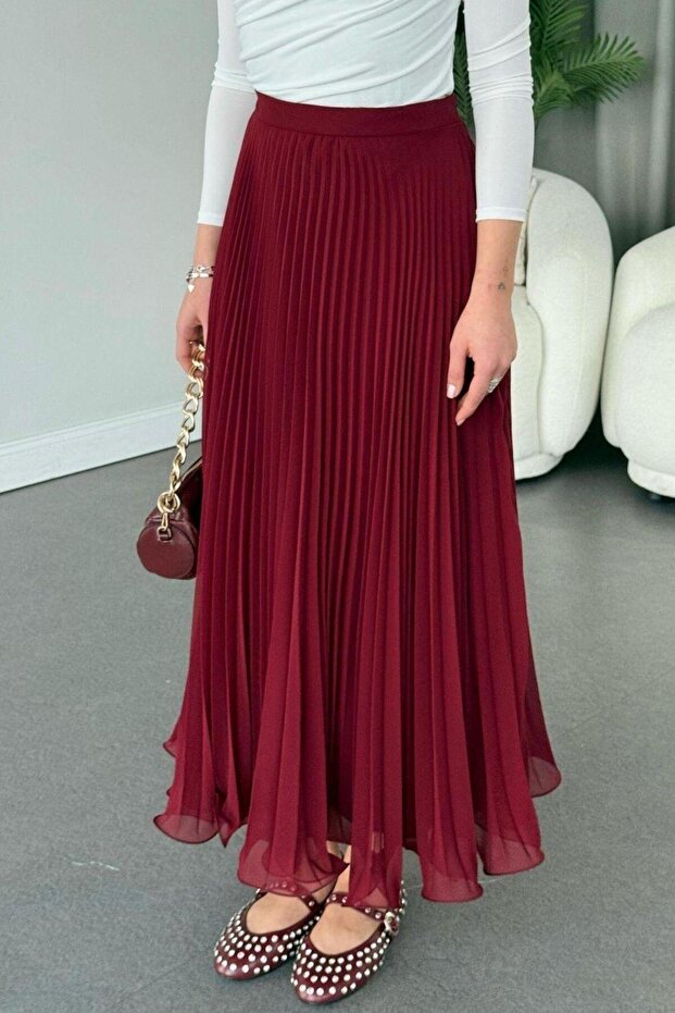 Piliseli Şifon Etek Bordo - 1