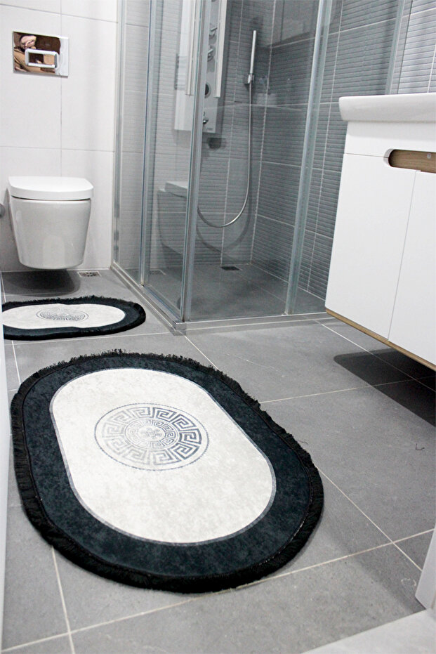 Silver Greek Patterned Bath Mat Non-Slip Base, Machine Washable, Bath Mat Set of 2 with Fringes - 3
