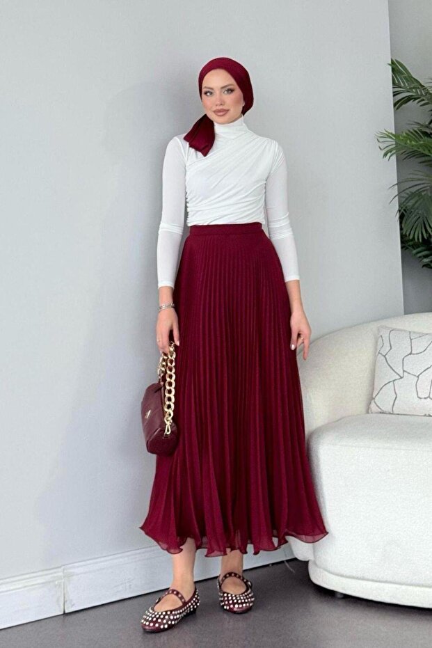 Piliseli Şifon Etek Bordo - 3