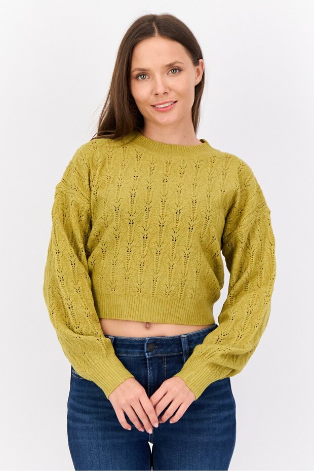Women Pointelle Long Sleeves Sweaters, Mustard