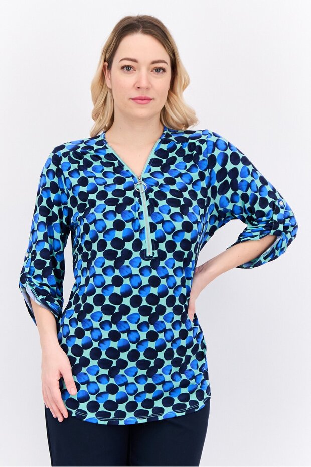 Women V Neck Long Sleeves Allover Print Blouse, Green