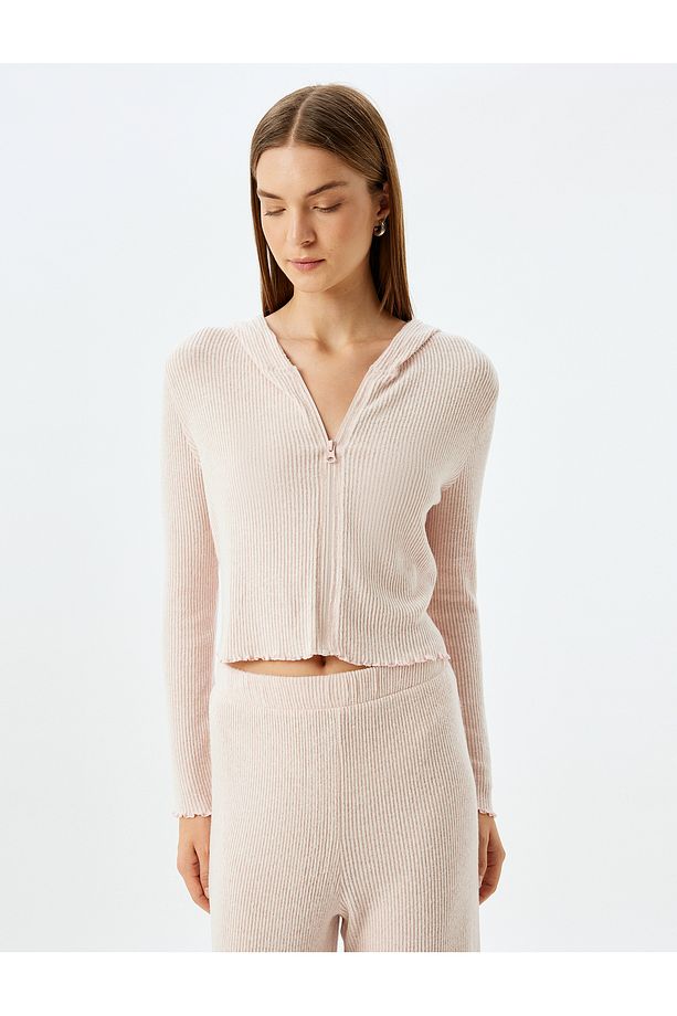 Yumuşak Dokulu Kapüşonlu Örme Crop Pijama Üstü - 3