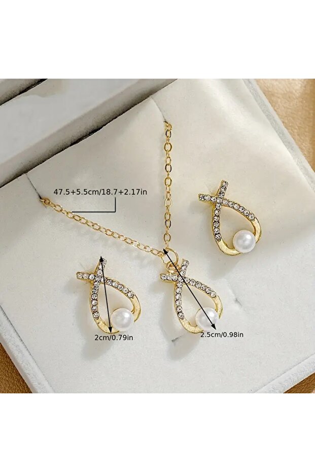 çapraz işlemeli zirkon taşlı inci kolye küpe set - 4