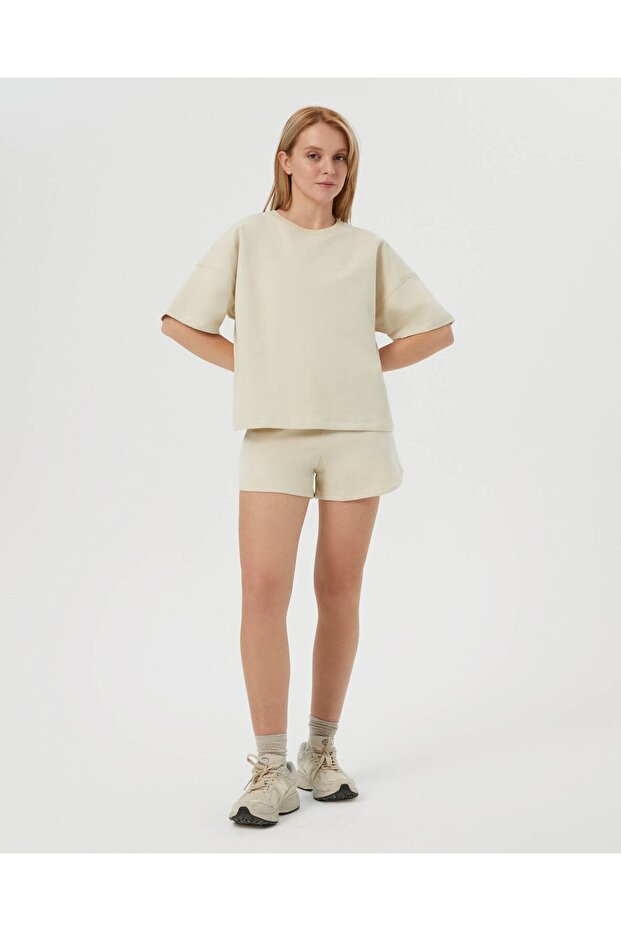 Krem Bel Lastikli Ayarlanabilir Sweatshort Şort - 6