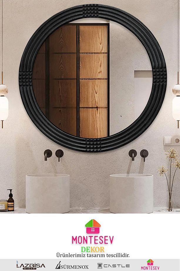 Safir Ahşap Siyah Dekoratif Ayna Yuvarlak Ayna Işlemeli Duvar Aynası Tekli - 69 Cm - 1