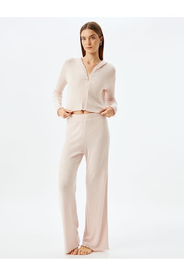 Yumuşak Dokulu Kapüşonlu Örme Crop Pijama Üstü - 2