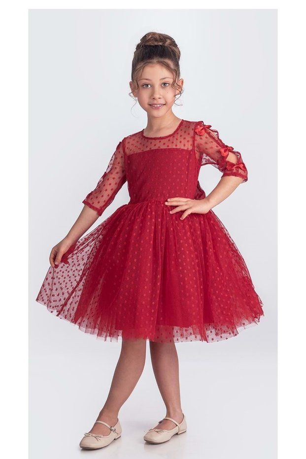 Lace Polka Dot, Long Sleeve Princess Girl's Dress M00707 Red