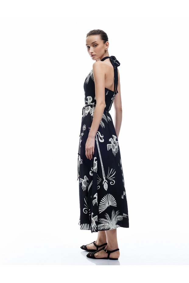 Viscose Fabric Ethnic Patterned Halter Neck Halter Collar Long Dress