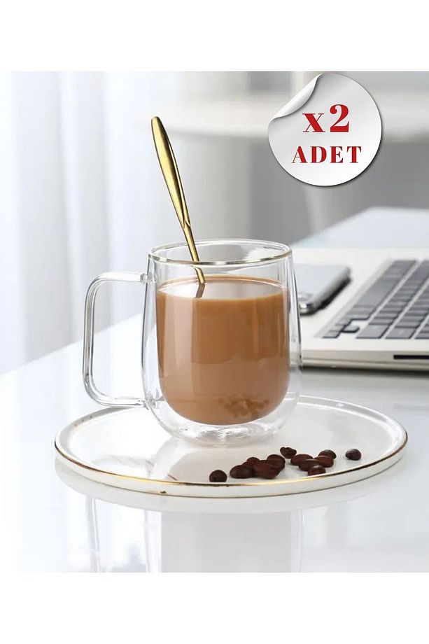 Çift Camlı Çift Cidarlı Cam Kupa 350ml Ev Ofis Fincanı Çift Camlı Kulplu Bardak 2li - 1