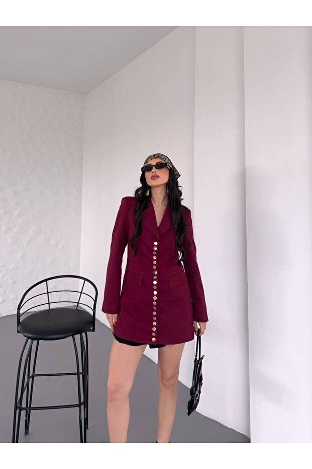 Women's Gold Snap Detailed Design Model Long Blazer Jacket Dress