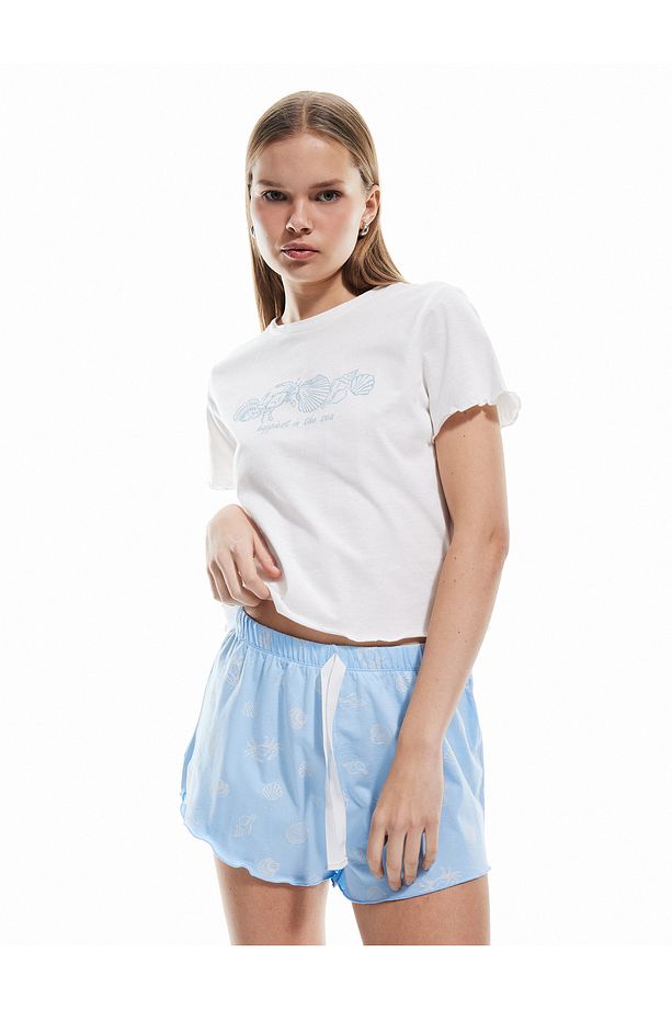 Pamuklu Kısa Kollu Baskılı Şort Pijama Takımı - 1