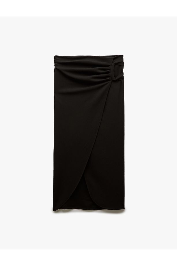 Krep Scuba Kumaş Drape Detaylı Midi Boy Kruvaze Etek - 3