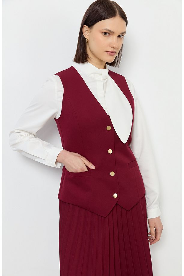 Double Bordo Midi Yelek - 3