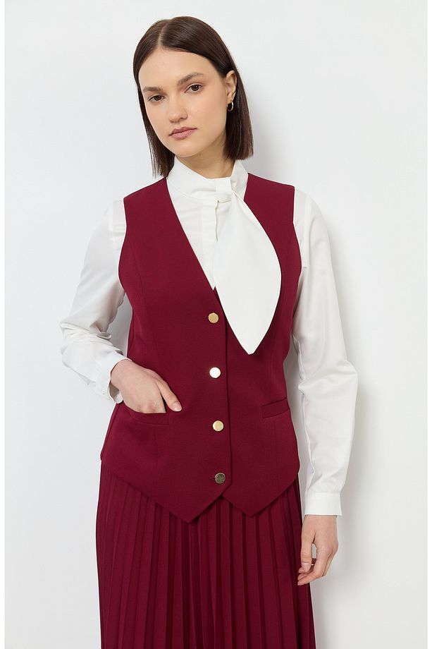 Double Bordo Midi Yelek - 5