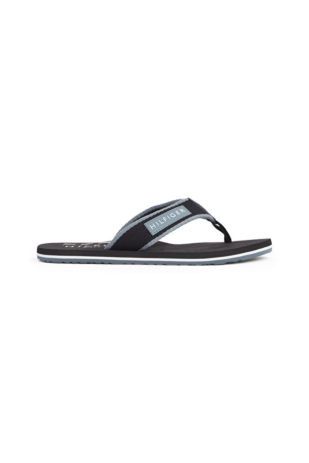 Men Black Patch Logo Webbing Flip Flops - 6