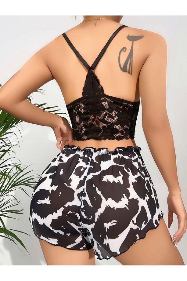 Siyah Dalmaçya Desenli Şort Büstiyer Pijama Takımı - 3