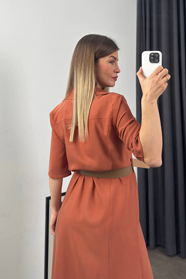 Tarçın Rengi Kısa Kollu Midi Boy Elbise - 6