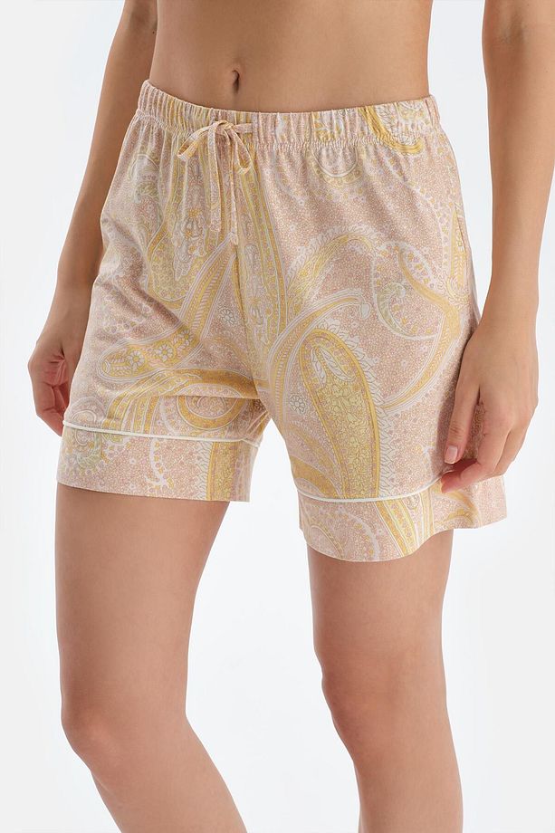 Turuncu Şal Desenli Penye Modal Gömlek Şort Pijama Takımı - 6