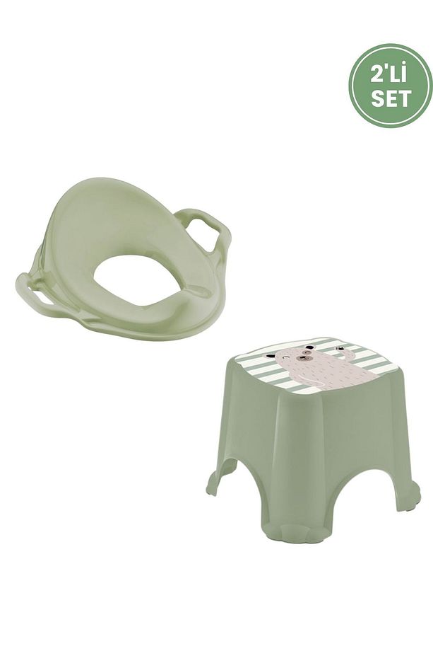 Kaydırmaz Çocuk Banyo Taburesi ve Kulplu Klozet Tuvalet Eğitimi Alıştırma Adaptörü 2'li Set Yeşil - 2