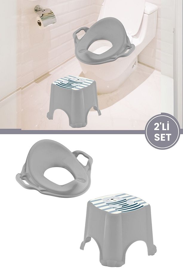 Kaydırmaz Çocuk Banyo Taburesi ve Kulplu Klozet Tuvalet Eğitimi Alıştırma Adaptörü 2'li Set Gri - 1
