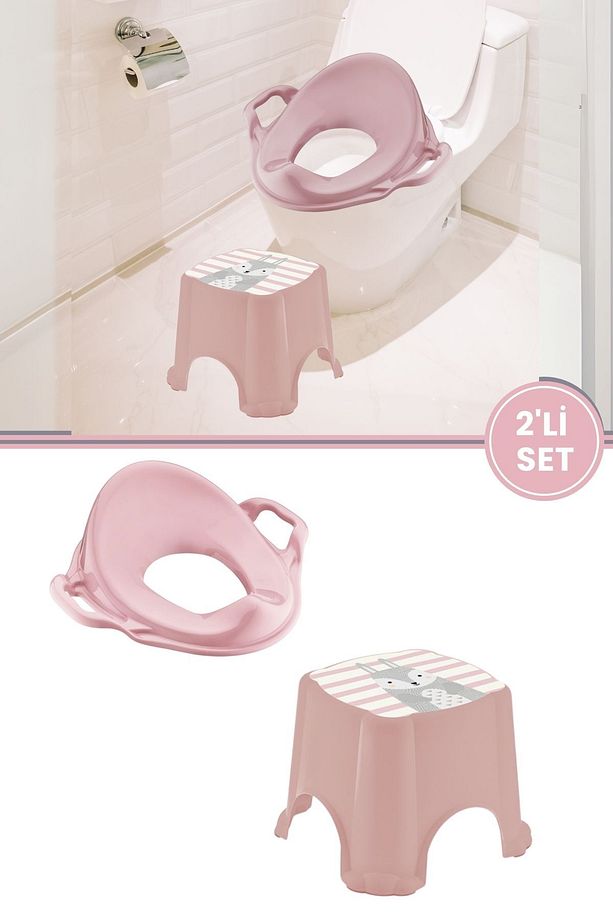 Kaydırmaz Çocuk Banyo Taburesi ve Kulplu Klozet Tuvalet Eğitimi Alıştırma Adaptörü 2'li Set Pembe - 1