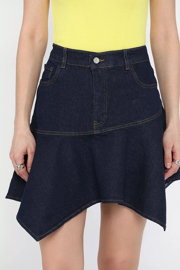 Lacivert Volanlı Jean Kot Etek - 3