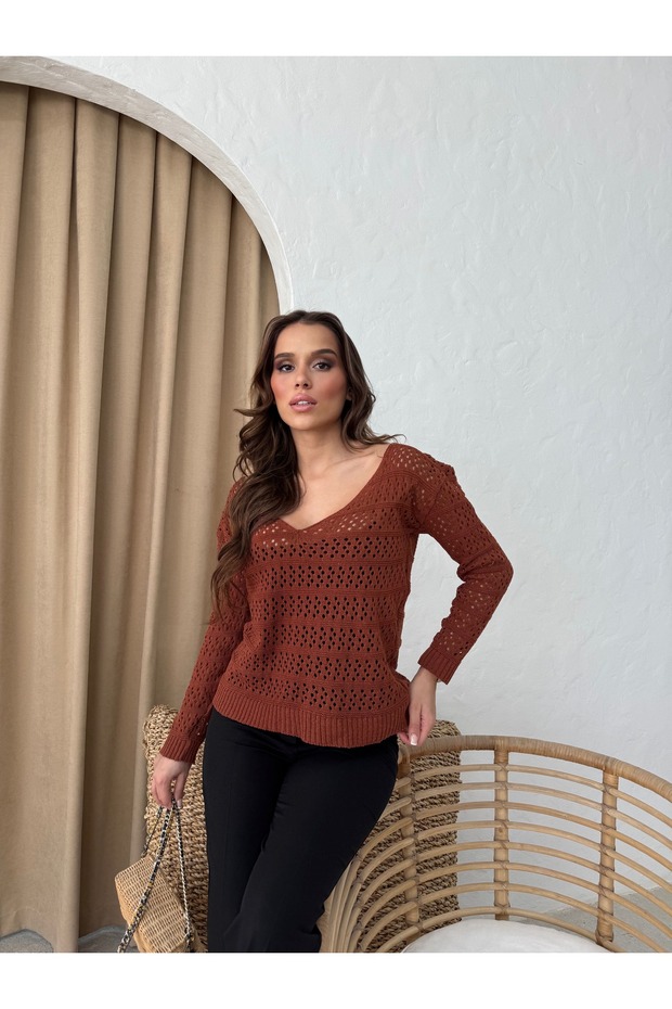 Kiremit Uzun Kol Örme Bluz - 3