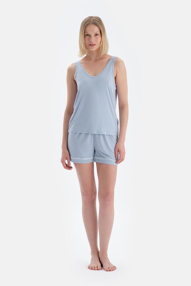 Buz Mavisi V Yaka Modal Atlet Şort Pijama Takımı - 4