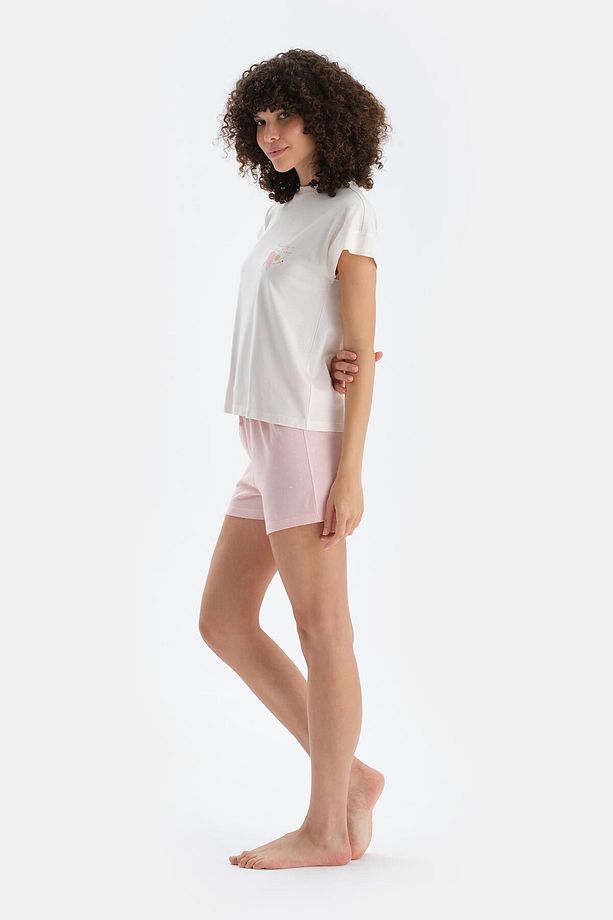 Ekru Baskı Detaylı Kısa Kollu Tişört Şort Pijama Takımı - 3
