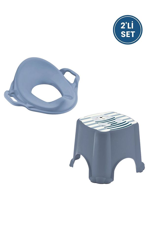 Kaydırmaz Çocuk Banyo Taburesi ve Kulplu Klozet Tuvalet Eğitimi Alıştırma Adaptörü 2'li Set Mavi - 2