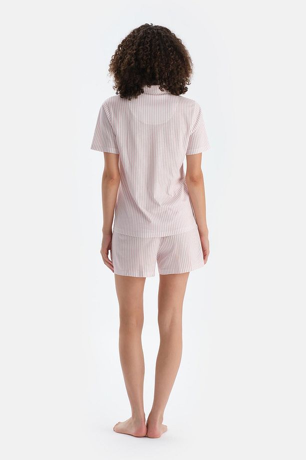 Açık Pembe Çizgili Penye Modal Gömlek Şort Pijama Takımı - 2
