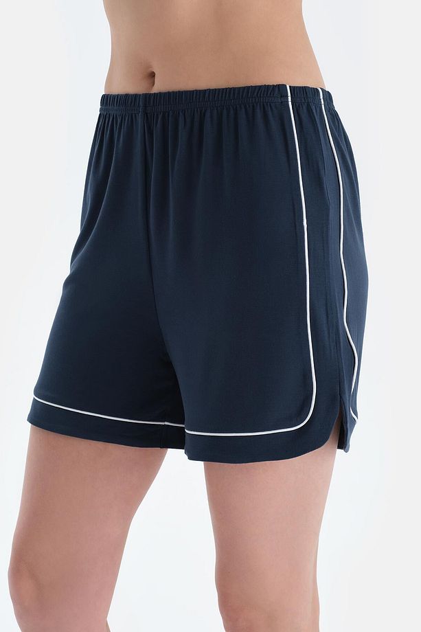 İndigo Biye Detaylı Kısa Kollu Gömlek Şort Pijama Takımı - 5