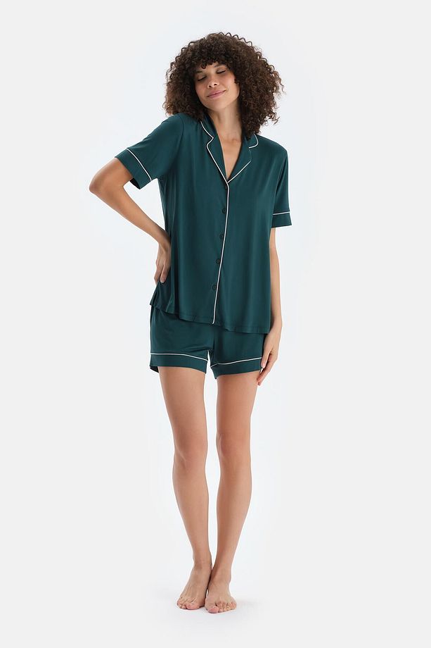 Koyu Yeşil Biye Detaylı Penye Modal Gömlek Şort Pijama Takımı - 1