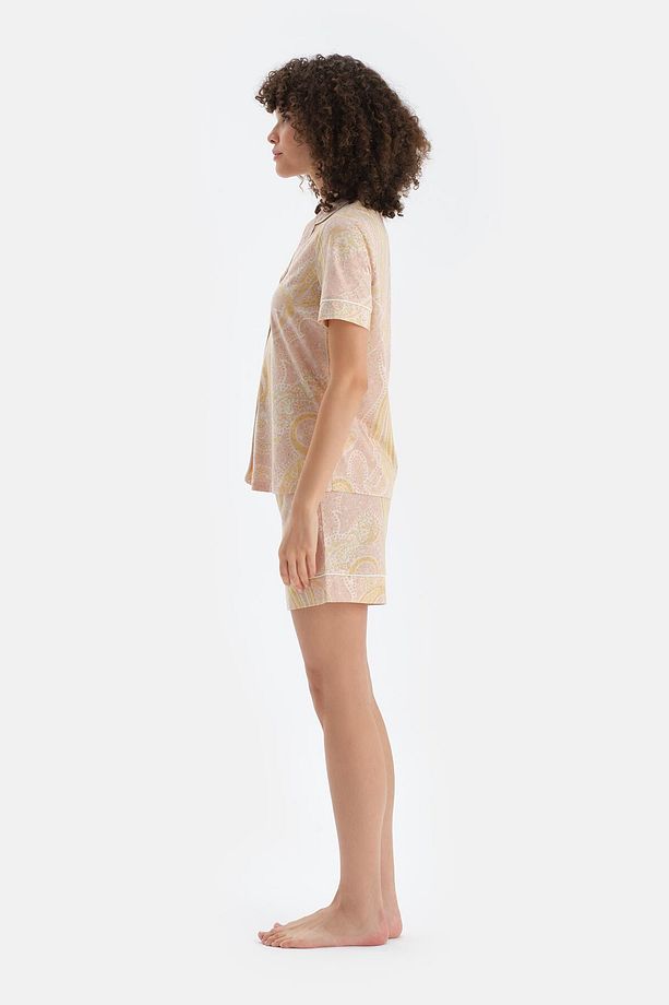 Turuncu Şal Desenli Penye Modal Gömlek Şort Pijama Takımı - 3