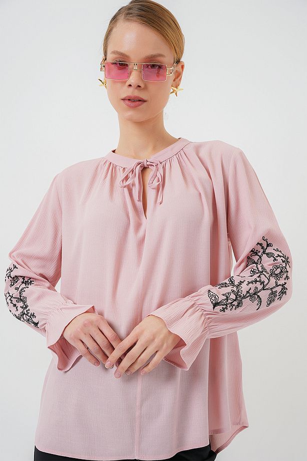 Kadın Nakışlı Örme Bluz 941 - Pudra - 4