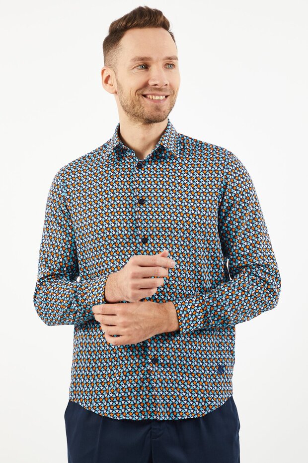 Men Regular Fit Allover Long Sleeve Casual Shirts, Navy Combo