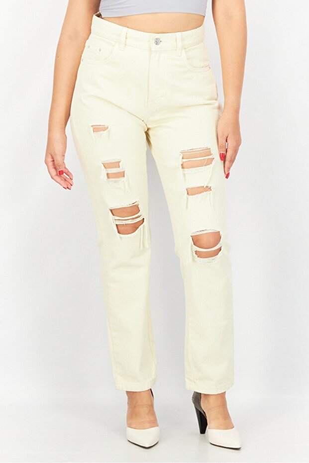 Women Mom Fit Rip Non Stretchable Jeans, Beige