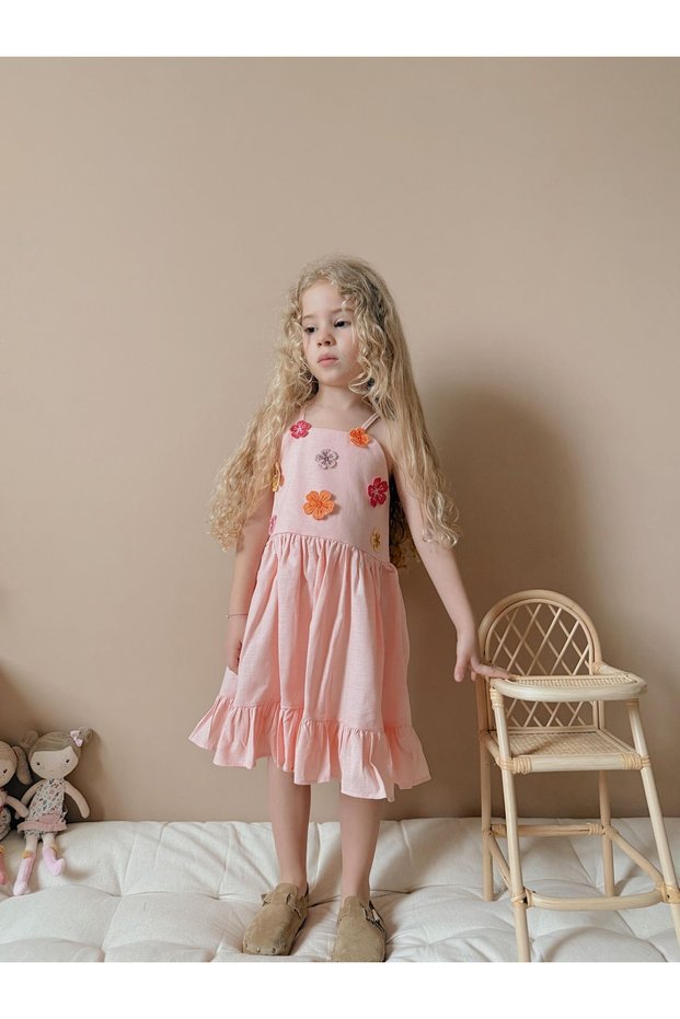Girl's Rope Strap Daisy Arm Embroidered Midi Length Pink Linen Dress