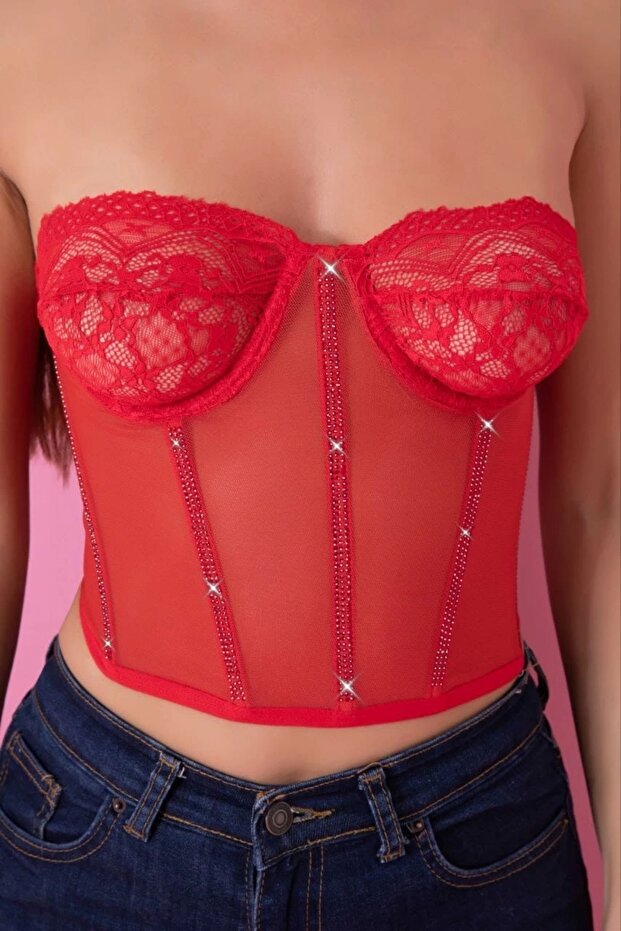 Red Special Design Stone Bustier - 4