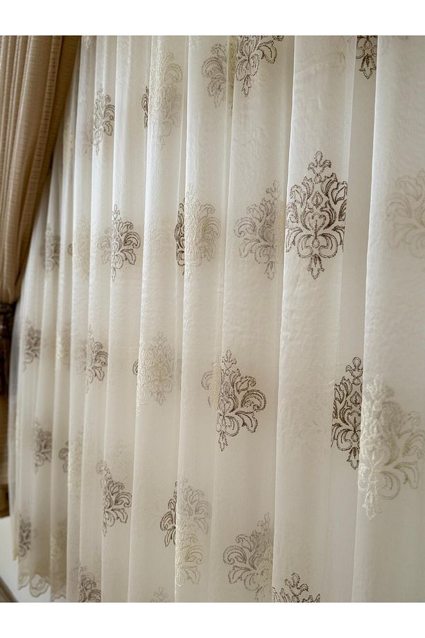KAHVE/EKRU DAMASK DESENLİ İTHAL TÜL PERDE - 5