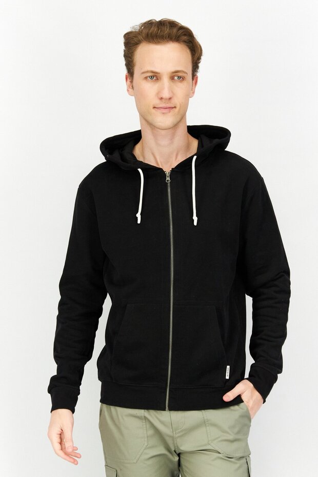 Men Solid Hooded Sweatshirt, Black - 1