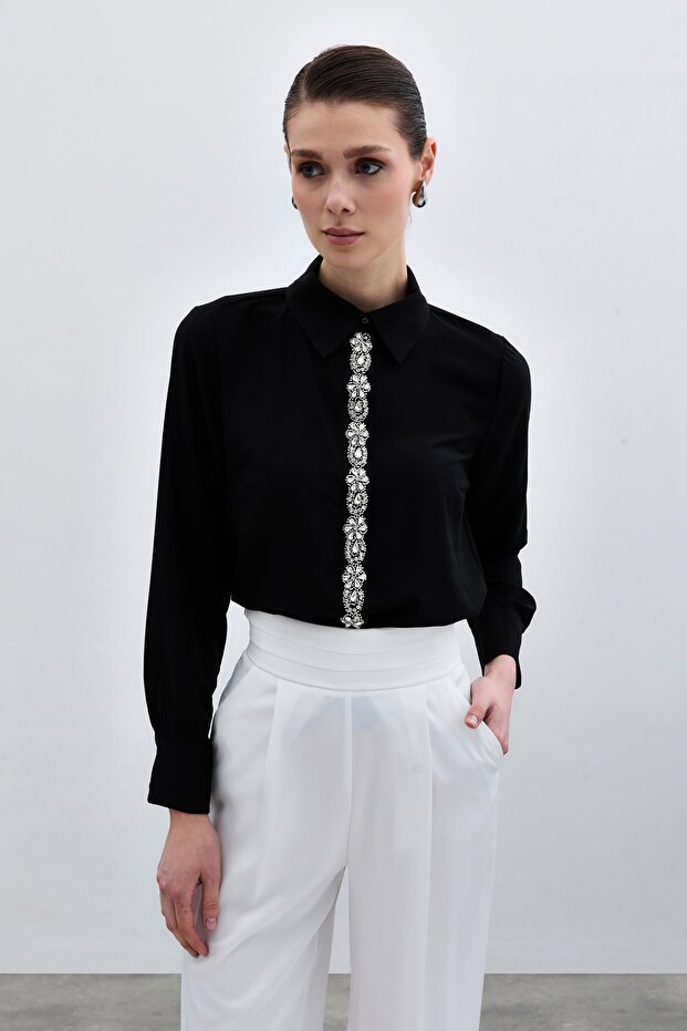 Şerit Aksesuarlı Gömlek - Siyah - 3