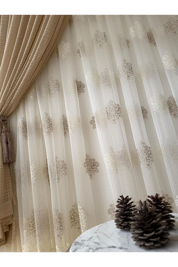 KAHVE/EKRU DAMASK DESENLİ İTHAL TÜL PERDE - 6