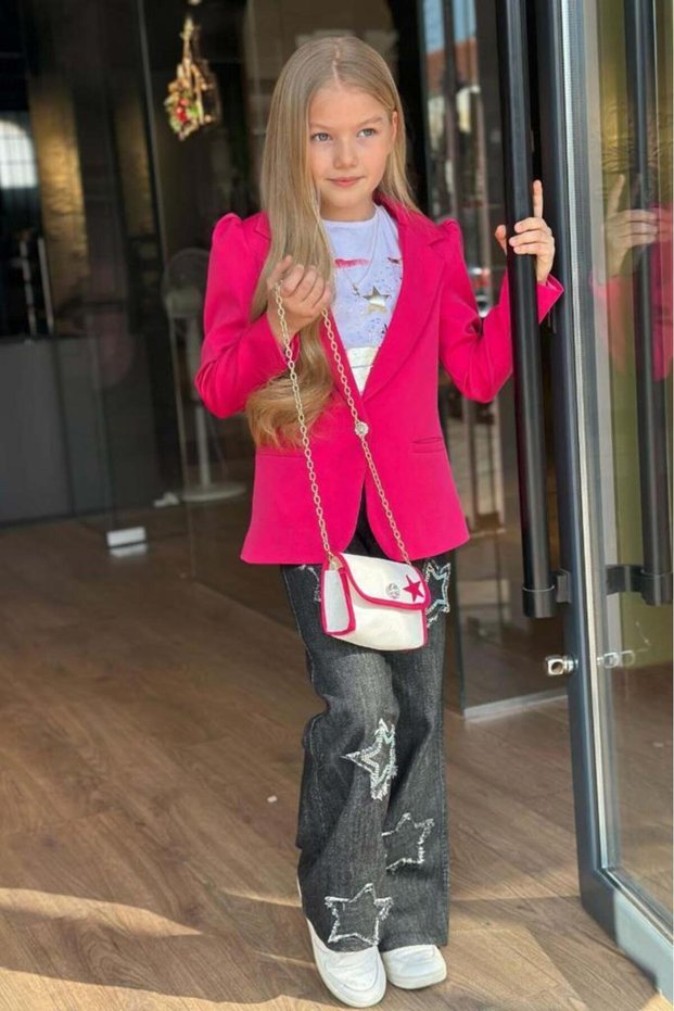 Girl's Printed T-Shirt Loose Cut Star Detailed Jean Pants Fuchsia Blazer Jacket Bottom Top Set
