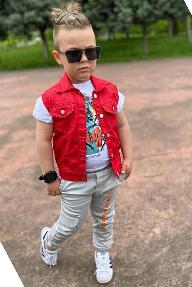 Boy's Tiger Detailed T-Shirt Back Printed Sleeveless Red Jean Jacket Cargo Pocket Bottom Top Set