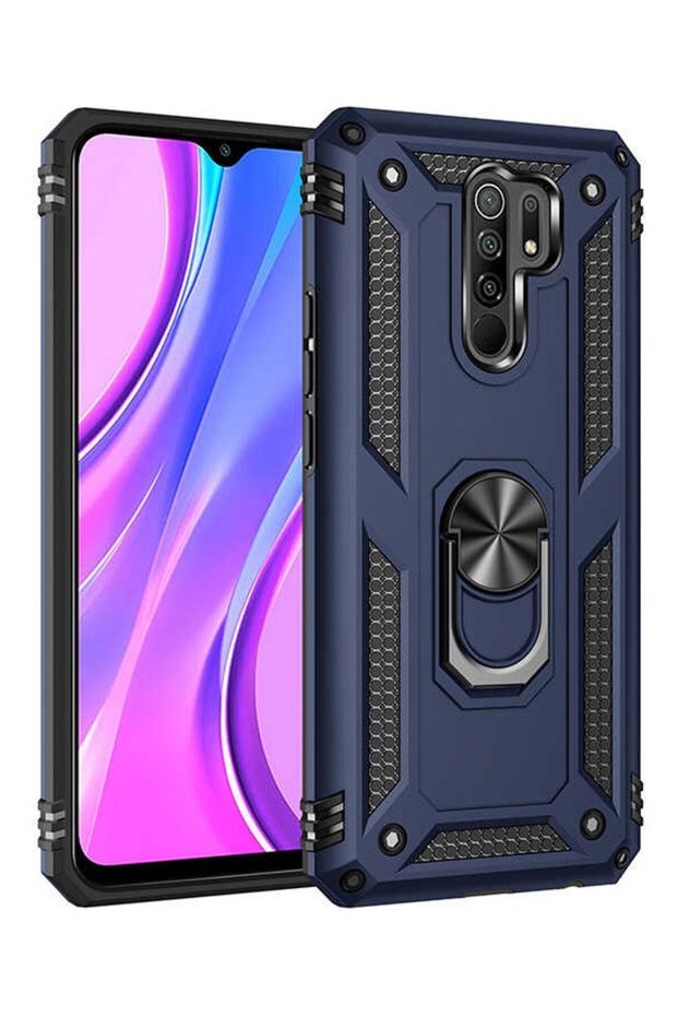 Case for Redmi 9 with Ring Magnetic Vega Cover Navy Blue + Glass Screen Protector